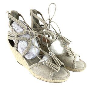 Rampage Womens Wedge Sandals Open Toe Lace Up Canvas Fringe Beige Size 10
